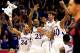 LAWRENCE, KS - MARCH 04: Travis Releford #24, Ben McLemore #23, Jeff Withey #5, and Kevin Young #40 of the Kansas Jayhawks celebrate after Withey hit a three-pointer during the game against the Texas Tech Red Raiders at Allen Fieldhouse on March 4, 2013 in Lawrence, Kansas. (Photo by Jamie Squire/Getty Images)