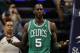 Mar 6, 2013; Indianapolis, IN, USA; Boston Celtics forward Kevin Garnett (5) reacts to a foul called against him during a game against the Indiana Pacers at Bankers Life Fieldhouse. Mandatory Credit: Brian Spurlock-USA TODAY Sports