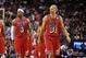 Feb 8 2013; Miami, FL, USA; Miami Heat small forward LeBron James (left) and Miami Heat small forward Shane Battier (right) during a game against the Los Angeles Clippers at American Airlines Arena. Mandatory Credit: Steve Mitchell-USA TODAY Sports