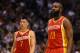 Mar 6, 2013; Dallas, TX, USA; Houston Rockets guard James Harden (13) and guard Jeremy Lin (7) during the game against the Dallas Mavericks at the American Airlines Center. The Mavs beat the Rockets 112-108. Mandatory Credit: Matthew Emmons-USA TODAY Sports