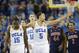 Mar 2, 2013; Los Angeles, CA, USA; UCLA Bruins guard/forward Shabazz Muhammad (15) and UCLA Bruins guard Kyle Anderson (5) celebrate the win against the Arizona Wildcats at the Pauley Pavilion. UCLA beat Arizona 72-69. Mandatory Credit: Richard Mackson-USA TODAY Sports