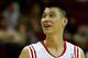 HOUSTON, TX - JANUARY 26: Jeremy Lin #7 of the Houston Rockets celebrates a play on the court during the game against the Brooklyn Nets at Toyota Center on January 26, 2013 in Houston, Texas. NOTE TO USER: User expressly acknowledges and agrees that, by downloading and or using this photograph, User is consenting to the terms and conditions of the Getty Images License Agreement. (Photo by Scott Halleran/Getty Images)