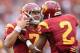 LOS ANGELES, CA - OCTOBER 20: Quarterback Matt Barkley #7 of the USC Trojans celebrates with Robert Woods #2 after throwing a touchdown pass in the second quarter against the Colorado Buffaloes at Los Angeles Memorial Coliseum on October 20, 2012 in Los Angeles, California. (Photo by Jeff Gross/Getty Images)