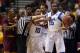 LAS VEGAS, NV - MARCH 14: Shabazz Muhammad #15 of the UCLA Bruins holds the ball as a referee comes in between him and Arizona State Sun Devils players late in the second half during the quarterfinals of the Pac-12 tournament at the MGM Grand Garden Arena on March 14, 2013 in Las Vegas, Nevada. (Photo by Jeff Gross/Getty Images)