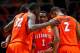 Feb 21, 2013; Champaign, IL, USA; Illinois Fighting Illini guard D.J. Richardson (1) and forward Sam McLaurin (0) and center Nnanna Egwu (32) and guard Joseph Bertrand (2) and guard Brandon Paul (3) huddle during the first half against the Penn State Nittany Lions at Assembly Hall. Mandatory Credit: Bradley Leeb-USA TODAY Sports