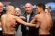 Mar 15, 2013; Montreal, Quebec, Canada; UFC president Dana White (center) steps in between Georges St.Pierre and Nick Diaz during the weight-in for UFC 158 at the Bell Centre. Mandatory Credit: Eric Bolte-USA TODAY Sports