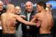 Mar 15, 2013; Montreal, Quebec, Canada; UFC president Dana White (center) steps in between Georges St.Pierre and Nick Diaz during the weight-in for UFC 158 at the Bell Centre. Mandatory Credit: Eric Bolte-USA TODAY Sports