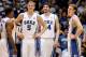 Dec 19, 2012; Durham, NC, USA; Duke Blue Devils guard Tyler Thornton (3) and forward Mason Plumlee (5) and forward Ryan Kelly (34) and forward Alex Murphy (12) react after a foul was called against the Cornell Big Red during the second half at Cameron Indoor Stadium. Mandatory Credit: Mark Dolejs-USA TODAY Sports