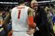 Mar 17, 2013; Chicago, IL, USA; Ohio State Buckeyes head coach Thad Matta (right) hugs forward Deshaun Thomas (1) after the championship game of the Big Ten tournament against the Wisconsin Badgers at the United Center. Ohio State won 50-43. Mandatory Credit: David Banks-USA TODAY Sports