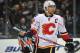 March 11, 2013; Los Angeles, CA, USA; Calgary Flames right wing Jarome Iginla (12) during a stoppage in play against the Los Angeles Kings during the first period at Staples Center. Mandatory Credit: Gary A. Vasquez-USA TODAY Sports