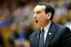DURHAM, NC - JANUARY 26: Head coach Mike Krzyzewski of the Duke Blue Devils yells to his team during their game against the Maryland Terrapins at Cameron Indoor Stadium on January 26, 2013 in Durham, North Carolina. (Photo by Streeter Lecka/Getty Images)
