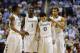 Mar 17, 2013; Greensboro, NC, USA; Miami (Fl) Hurricanes guards Rion Brown (15) and Durand Scott (1) and Shane Larkin (0) and Trey McKinney Jones (4) react in the second half. The Hurricanes defeated the Tar Heels 87-77 in the championship game of the ACC tournament at Greensboro Coliseum. Mandatory Credit: Bob Donnan-USA TODAY Sports
