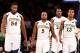Mar 14, 2013; New York, NY, USA; Marquette Golden Eagles forward Davante Gardner (54), guard Junior Cadougan (5), guard Jake Thomas (23) and guard Vander Blue (13) walk off the court against the Notre Dame Fighting Irish during the second half of a quarterfinal game during the Big East tournament at Madison Square Garden. Notre Dame won 73-65. Mandatory Credit: Debby Wong-USA TODAY Sports