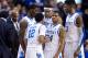 Jan 15, 2013; Lexington, KY, USA; Kentucky Wildcats guard Ryan Harrow (12) guard Julius Mays (34) forward Nerlens Noel (3) and forward Willie Cauley-Stein (15) huddle during a time in the game against the Tennessee Volunteers at Rupp Arena. Kentucky defeated Tennessee 75-65. Mandatory Credit: Mark Zerof-USA TODAY Sports