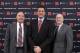 Nov 20, 2012; Piscataway, NJ, USA; Rutgers president Robert Barchi (right) and athletic director Tim Pernetti (middle) and Big Ten commissioner Jim Delany (left) pose for a photo at a press conference announcing the move of the Rutgers Scarlet Knights from the Big East conference to the Big Ten conference at the Hale Center. Mandatory Credit: Patti Sapone/THE STAR-LEDGER via USA TODAY Sports