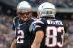 FOXBORO, MA - OCTOBER 7: Wes Welker #83 of the New England Patriots reacts in the end zone with teammate Tom Brady #12 after a touchdown against the Denver Broncos in the first half at Gillette Stadium on October 7, 2012 in Foxboro, Massachusetts. (Photo by Jim Rogash/Getty Images)