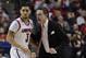 Mar 21, 2013; Lexington , KY, USA; Louisville Cardinals head coach Rick Pitino talks with guard Peyton Siva (3) in the first half against the North Carolina A&T Aggies during the second round of the 2013 NCAA tournament at Rupp Arena. Louisville defeated North Carolina A&T 79-48. Mandatory Credit: Jamie Rhodes-USA TODAY Sports