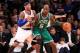 Jan. 7, 2013; New York, NY, USA; Boston Celtics power forward Kevin Garnett (5) dribbles around New York Knicks small forward Carmelo Anthony (7) during the second half at Madison Square Garden. Boston won 102-96. Mandatory Credit: Debby Wong-USA TODAY Sports