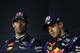KUALA LUMPUR, MALAYSIA - MARCH 24: Race winner Sebastian Vettel (R) of Germany and Infiniti Red Bull Racing and second placed Mark Webber (L) of Australia and Infiniti Red Bull Racing react in the drivers press conference following the Malaysian Formula One Grand Prix at the Sepang Circuit on March 24, 2013 in Kuala Lumpur, Malaysia. (Photo by Mark Thompson/Getty Images)