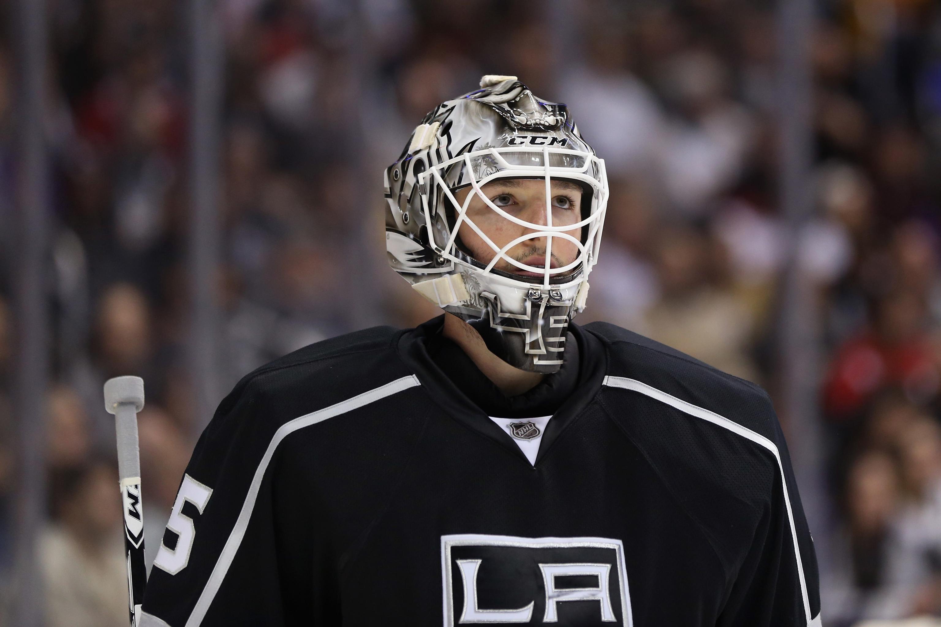 LA Kings Goaltender Jonathan Bernier wearing a Dodgers Hockey