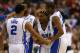 PHILADELPHIA, PA - MARCH 24: Tyler Thornton #3 of the Duke Blue Devils celebrates with teammates Quinn Cook #2 and Rasheed Sulaimon #14 and Thornton makes a shot at the buzzer at halftime against the Creighton Bluejays during the third round of the 2013 NCAA Men's Basketball Tournament at Wells Fargo Center on March 24, 2013 in Philadelphia, Pennsylvania. (Photo by Elsa/Getty Images)