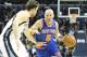 Nov 16, 2012; Memphis, TN, USA; New York Knicks guard Jason Kidd (5) drives against Memphis Grizzlies center Marc Gasol (33) at the FedEx Forum. Memphis defeated New York 105-95. Mandatory Credit: Nelson Chenault-USA TODAY Sports