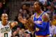 BOSTON, MA - MARCH 26: Avery Bradley #0 of the Boston Celtics points to J.R. Smith #8 of the New York Knicks following a foul during the game on March 26, 2013 at TD Garden in Boston, Massachusetts. NOTE TO USER: User expressly acknowledges and agrees that, by downloading and or using this photograph, User is consenting to the terms and conditions of the Getty Images License Agreement. (Photo by Jared Wickerham/Getty Images)