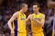 PHOENIX, AZ - MARCH 18: Steve Nash #10 of the Los Angeles Lakers talks with Steve Blake #5 during the first half of the NBA game against the Phoenix Suns at US Airways Center on March 18, 2013 in Phoenix, Arizona. The Suns defeated the Lakers 99-76. NOTE TO USER: User expressly acknowledges and agrees that, by downloading and or using this photograph, User is consenting to the terms and conditions of the Getty Images License Agreement. (Photo by Christian Petersen/Getty Images)