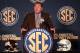 July 18, 2012; Hoover, AL, USA; Mississippi State Bulldogs head coach Dan Mullen speaks during a press conference at the 2012 SEC media days event at the Wynfrey Hotel. Mandatory Credit: Marvin Gentry-USA TODAY Sports