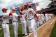 WASHINGTON, DC - APRIL 01: Bryce Harper #34 of the Washington Nationals greets teammates during introductions before the Opening Day game against the Florida Marlins at Nationals Park on Monday, April 1, 2013 in Washington, DC. (Photo by Win McNamee/Getty Images)
