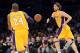 LOS ANGELES, CA - NOVEMBER 27: Pau Gasol #16 of the Los Angeles Lakers passes to Kobe Bryant #24 after a rebound during a 79-77 Indiana Pacer win at Staples Center on November 27, 2012 in Los Angeles, California. NOTE TO USER: User expressly acknowledges and agrees that, by downloading and or using this photograph, User is consenting to the terms and conditions of the Getty Images License Agreement. (Photo by Harry How/Getty Images)