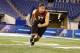 Feb 23, 2013; Indianapolis, IN, USA; Texas A&M Aggies offensive lineman Luke Joeckel does the shuttle dash during the NFL Combine at Lucas Oil Stadium. Mandatory Credit: Brian Spurlock-USA TODAY Sports
