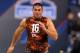 Feb 23, 2013; Indianapolis, IN, USA; Central Michigan offensive lineman Eric Fisher runs the 40 yard dash during the 2013 NFL Combine at Lucas Oil Stadium. Mandatory Credit: Brian Spurlock-USA TODAY Sports