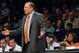 Apr 4, 2013; New York, NY, USA; Chicago Bulls head coach Tom Thibodeau argues a foul call with an official during the first quarter against the Brooklyn Nets at Barclays Center. Mandatory Credit: Anthony Gruppuso-USA TODAY Sports