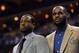 April 5, 2013; Charlotte, NC, USA; Miami Heat guard Dwyane Wade (3) (left) and forward LeBron James (6) (right) during a time out in the game against the Charlotte Bobcats at Time Warner Cable Arena. Heat win 89-79. Mandatory Credit: Sam Sharpe-USA TODAY Sports