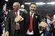 ATLANTA, GA - APRIL 08: Head coach Rick Pitino (R) and Sports and Information Director Kenny Klein of the Louisville Cardinals celebrate after they won 82-76 against the Michigan Wolverines during the 2013 NCAA Men's Final Four Championship at the Georgia Dome on April 8, 2013 in Atlanta, Georgia. (Photo by Streeter Lecka/Getty Images)