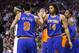 Mar 26, 2013; Boston, MA, USA; New York Knicks point guard Pablo Prigioni (9) and small forward Chris Copeland (14) celebrate against the Boston Celtics during the first half at TD Garden. Mandatory Credit: Mark L. Baer-USA TODAY Sports
