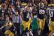 Sep 22, 2012; South Bend, IN, USA; Notre Dame Fighting Irish cornerback Bennett Jackson (2) celebrates after a fumble recovery in the third quarter against the Michigan Wolverines at Notre Dame Stadium. Notre Dame won 13-6. Mandatory Credit: Matt Cashore-USA TODAY Sports