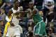 Mar 6, 2013; Indianapolis, IN, USA; Boston Celtics forward Kevin Garnett (5) guards Indiana Pacers center Roy Hibbert (55) at Bankers Life Fieldhouse. Mandatory Credit: Brian Spurlock-USA TODAY Sports