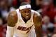 Apr 9, 2013; Miami, FL, USA; Miami Heat small forward LeBron James (6) reacts in the first half of a game against the Milwaukee Bucks at the American Airlines Arena. Mandatory Credit: Robert Mayer-USA TODAY Sports