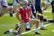 Aug. 4, 2012; South Bend, IN, USA; Notre Dame Fighting Irish quarterback Gunner Kiel (1) stretches during practice at the LaBar Practice Complex. Mandatory Credit: Matt Cashore-USA TODAY Sports