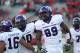 ALBUQUERQUE, NM - NOVEMBER 27: Braylon Broughton #99, Stansly Maponga #90 (C) and Jurell Thompson #16 of the TCU Horned Frogs celebrate after a touchdown against the University of New Mexico Lobos on November 27, 2010 at University Stadium in Albuquerque, New Mexico. TCU won 66-17. (Photo by Eric Draper/Getty Images)