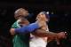 NEW YORK, NY - JANUARY 07: Carmelo Anthony #7 of the New York Knicks and Kevin Garnett #5 of the Boston Celtics get into an altercation at Madison Square Garden on January 7, 2013 in New York City. NOTE TO USER: User expressly acknowledges and agrees that, by downloading and/or using this photograph, user is consenting to the terms and conditions of the Getty Images License Agreement. The Celtics defeated the Knicks 102-96. (Photo by Bruce Bennett/Getty Images)