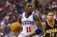 Mar 16, 2013; Philadelphia, PA, USA; Philadelphia 76ers guard Jrue Holiday (11) brings the ball up court during the second quarter against the Indiana Pacers at the Wells Fargo Center. Mandatory Credit: Howard Smith-USA TODAY Sports