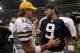IRVING - NOVEMBER 29: Aaron Rodgers #12 of the Green Bay Packers and Tony Romo #9 of the Dallas Cowboys talk during the NFL game against the Dallas Cowboys at the Texas Stadium on November 29, 2007 in Irving, Texas. (Photo by Ronald Martinez/Getty Images)