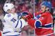 MONTREAL, CANADA - JANUARY 19: Carl Gunnarsson #36 of the Toronto Maple Leafs and Rene Bourque #17 of the Montreal Canadiens shove each other during the NHL game at the Bell Centre on January 19, 2013 in Montreal, Quebec, Canada. (Photo by Richard Wolowicz/Getty Images)