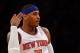 NEW YORK, NY - APRIL 20: Carmelo Anthony #7 of the New York Knicks celebrates his three point shot in the first half against the Boston Celtics during Game One of the Eastern Conference Quarterfinals of the 2013 NBA Playoffs on April 20, 2013 at Madison Square Garden in New York City. NOTE TO USER: User expressly acknowledges and agrees that, by downloading and/or using this photograph, user is consenting to the terms and conditions of the Getty Images License Agreement. (Photo by Elsa/Getty Images)