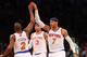 NEW YORK, NY - APRIL 23: Carmelo Anthony #7 of the New York Knicks celebrates with Raymond Felton #2 of the New York Knicks during their 87-71 win against the Boston Celtics during Game two of the Eastern Conference Quarterfinals of the 2013 NBA Playoffs at Madison Square Garden on April 23, 2013 in New York City. NOTE TO USER: User expressly acknowledges and agrees that, by downloading and or using this photograph, User is consenting to the terms and conditions of the Getty Images License Agreement. (Photo by Al Bello/Getty Images)