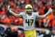 Nov 24, 2012; Corvallis, OR, USA; Oregon Ducks linebacker Kiko Alonso (47) celebrates against the Oregon State Beavers at Reser Stadium. Mandatory Credit: Scott Olmos-USA TODAY Sports