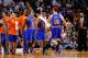 BOSTON, MA - APRIL 26: Iman Shumpert #21 of the New York Knicks congratulates his teammates including Raymond Felton #2 of the New York Knicks during Game Three of the Eastern Conference Quarterfinals of the 2013 NBA Playoffs against the Boston Celtics on April 26, 2013 at TD Garden in Boston, Massachusetts. NOTE TO USER: User expressly acknowledges and agrees that, by downloading and or using this photograph, User is consenting to the terms and conditions of the Getty Images License Agreement. (Photo by Jared Wickerham/Getty Images)